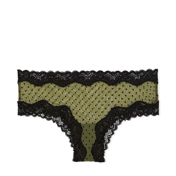Victoria's Secret Tease Mesh Lace-Trim Cheeky Panty Woodland Green Large NEW - Picture 2 of 4